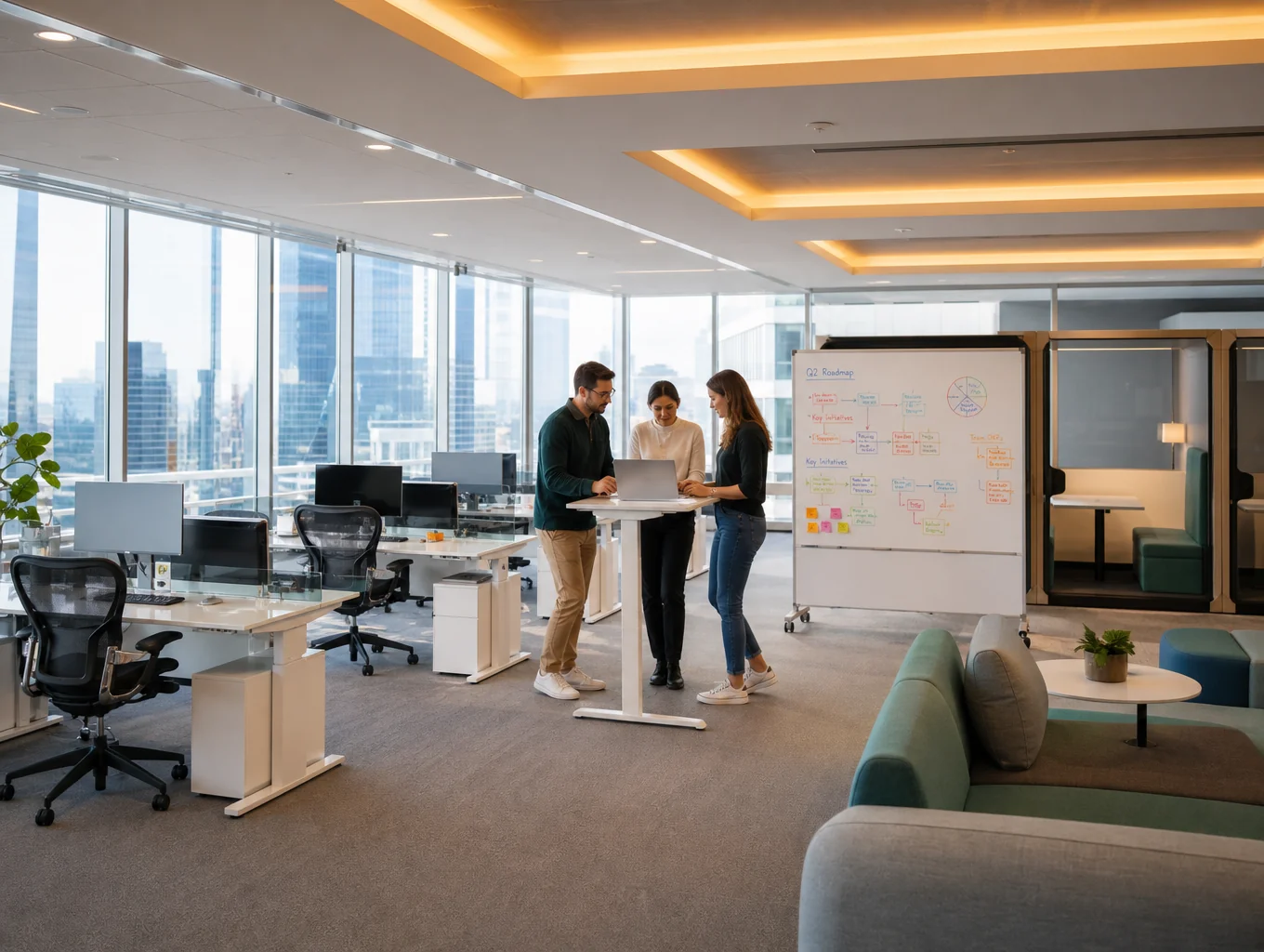 Modern office space with professional team collaborating on strategy