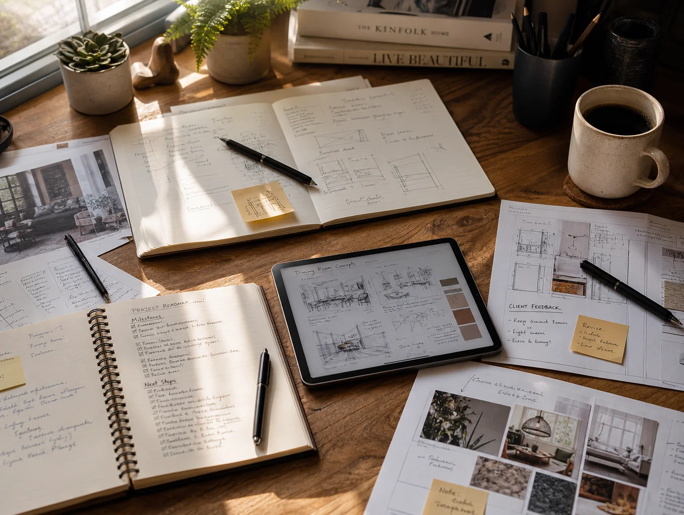 Personal brand strategy notes and professional roadmap on a desk